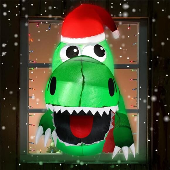 3.5 Ft Christmas Inflatable Decor Santa Dinosaur Broke Out from Window with LED - Picture 5 of 7